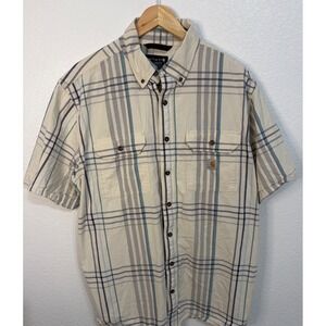 Carhartt Mens Loose Fit Plaid Short Sleeve Button Down Shirt Cream Blue L Tall